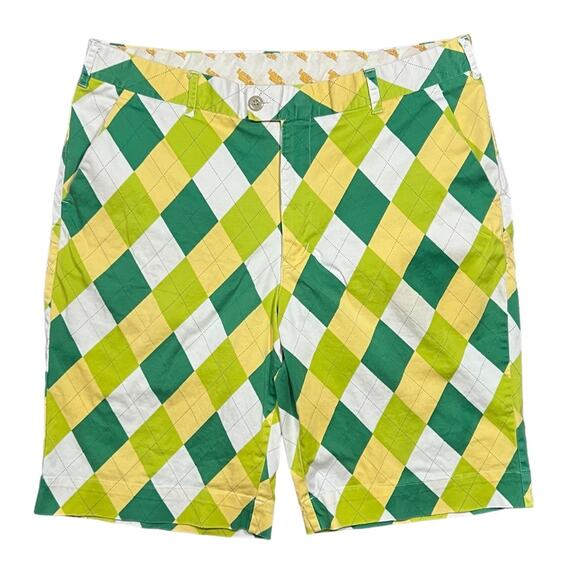 Loudmouth A-Tisket-A-Tasket 11” Inseam Green Yellow White Argyle Golf Shorts 36